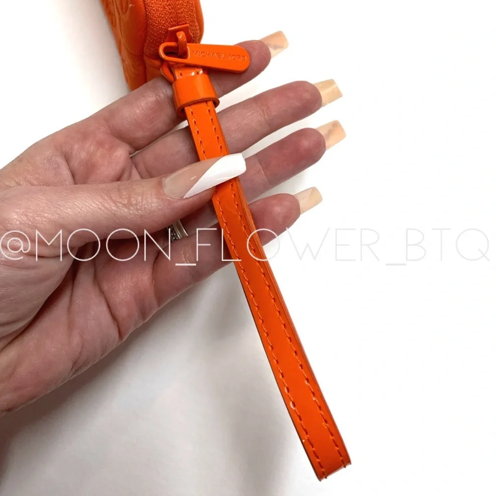 Michael Kors Jet Set Embossed Logo Scuba Fabric Wristlet Pouch Orange Neon RARE
